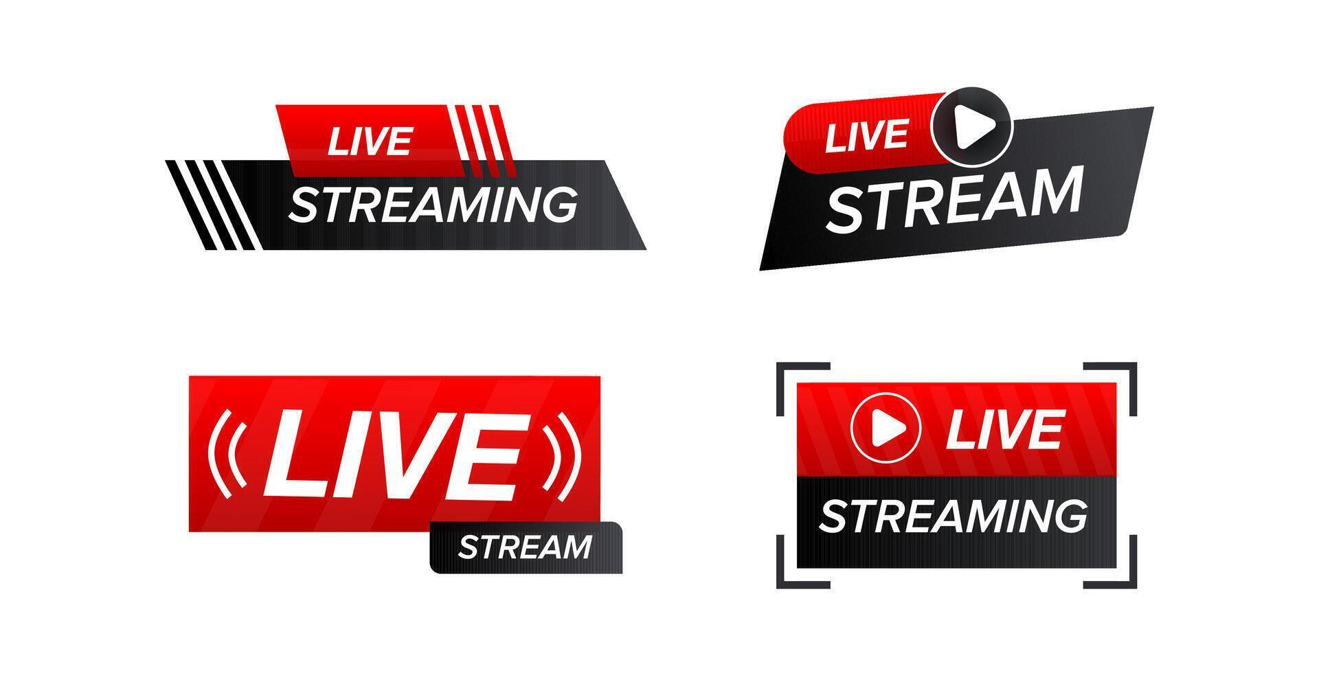 Red and Black Live Streaming Icons Showing Play Button and Signal Waves vector