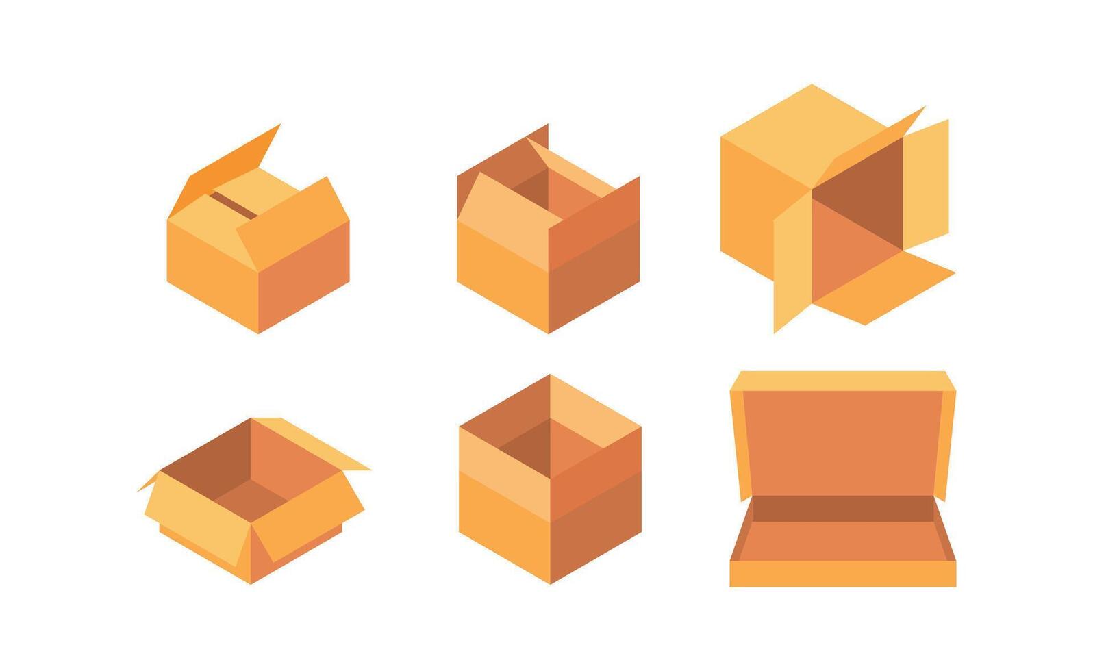 Set of six cardboard boxes opening and closing, isometric view, packaging concept vector
