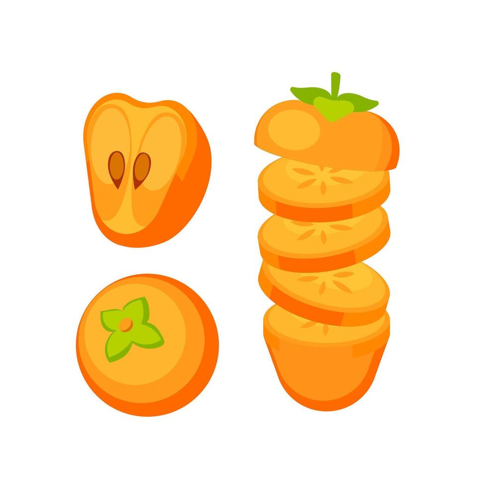 Fresh persimmon cut in half and sliced showing seeds and leaves vector