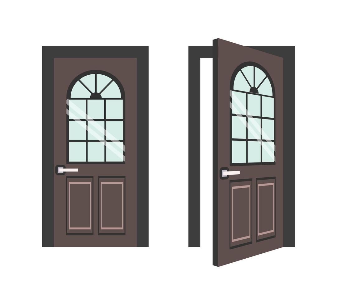 Brown wooden door, closed and open, showing passage from one place to another vector