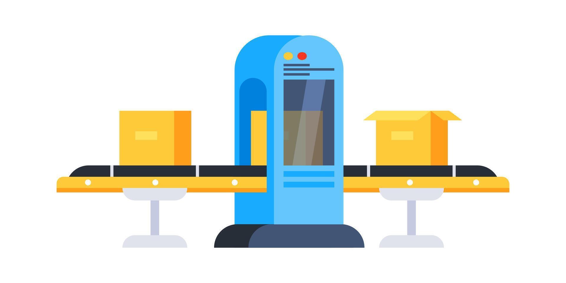 Conveyor belt transporting cardboard boxes through a scanner in a warehouse vector