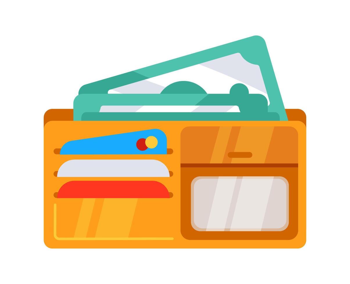 Orange wallet containing cash and credit cards is overflowing with money vector