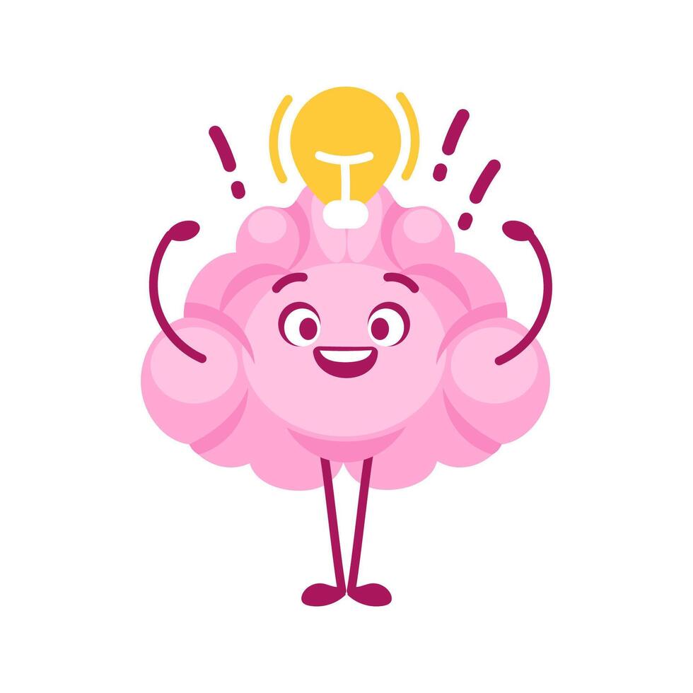 Happy brain having an idea with light bulb shining over its head vector
