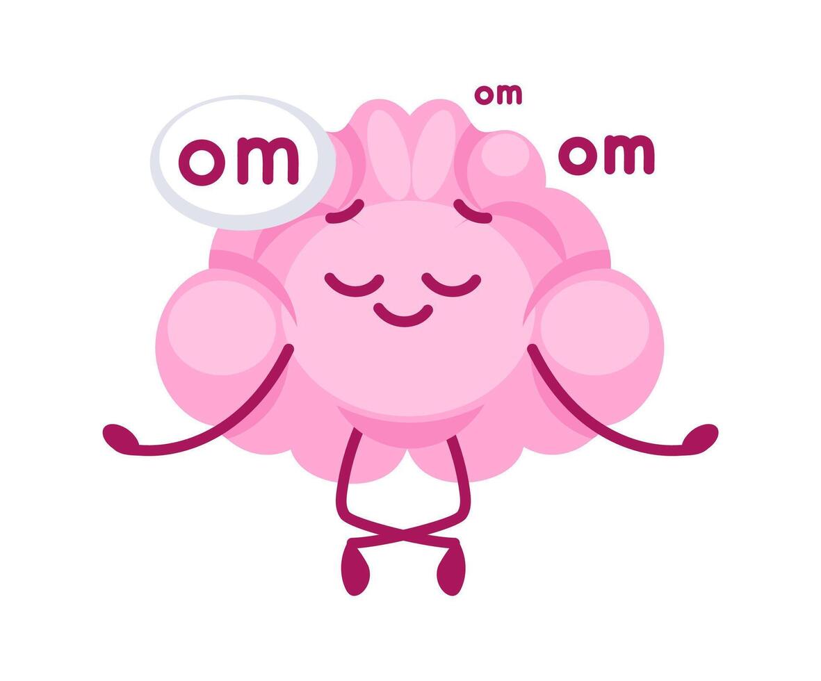 Cute pink brain meditating in lotus position repeating om mantra vector