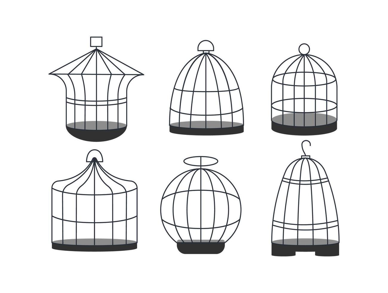 Set of six empty birdcages standing on white background vector