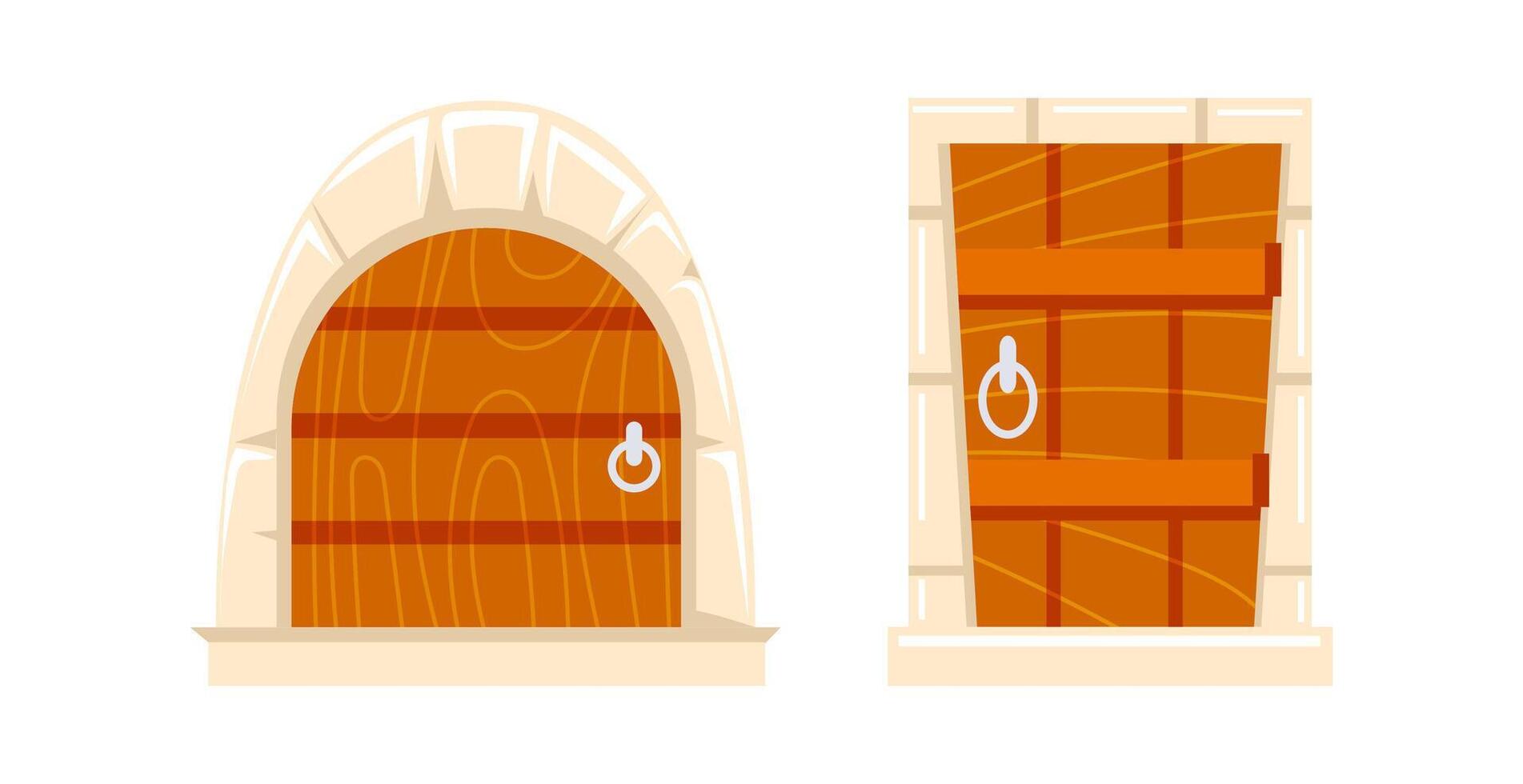 Two wooden medieval doors with stone frames and metal handles are closing a building vector