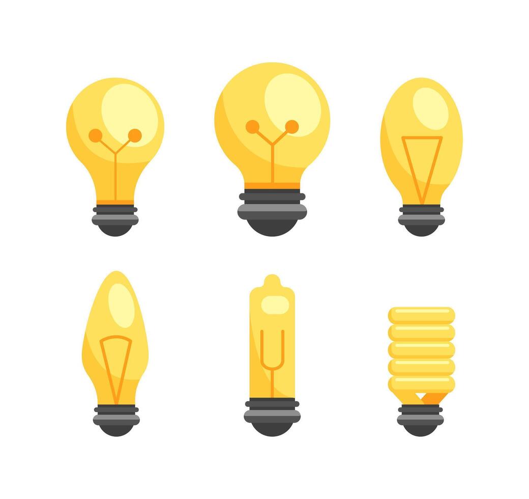 Six different light bulbs shining, representing ideas and innovation vector