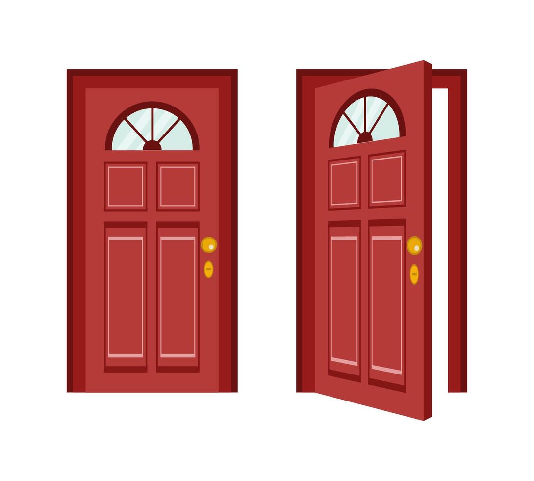 Classic wooden door, closed and open, isolated on white background vector