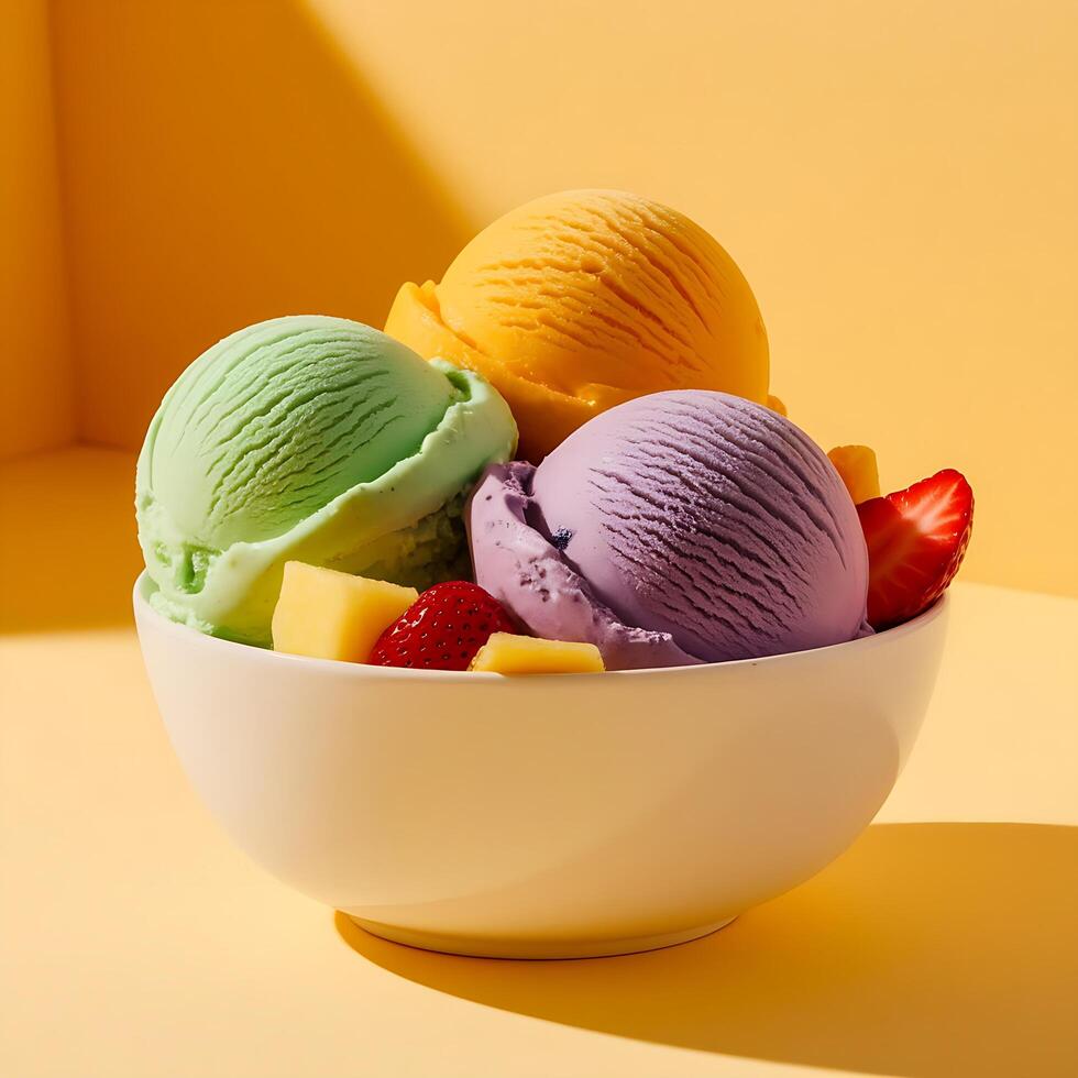Colorful ice cream in a bowl on a yellow background photo