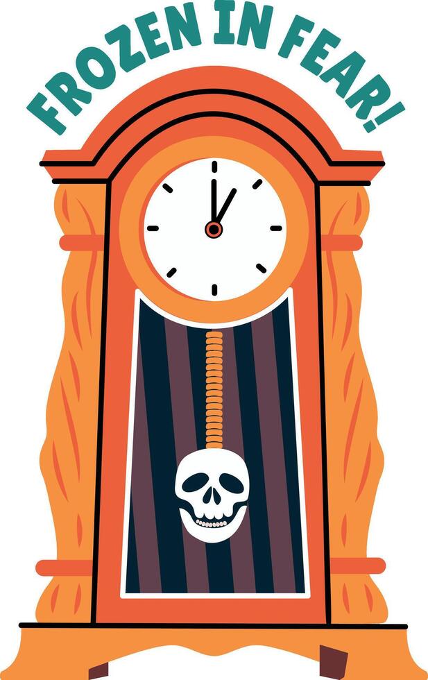 A spooky clock with skull pendulum, flat sticker vector