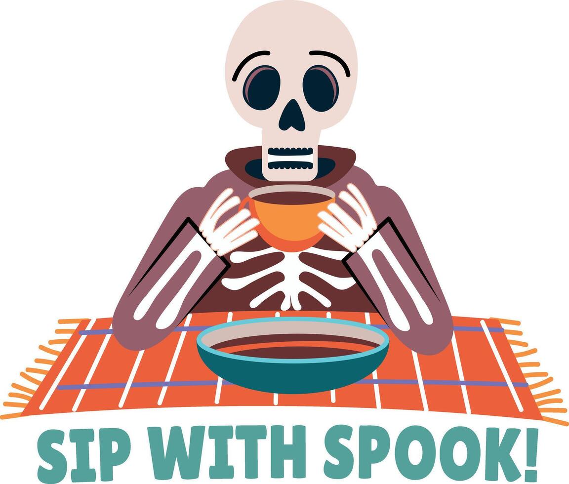 Flat sticker of drinking skeleton enjoying warm beverage vector