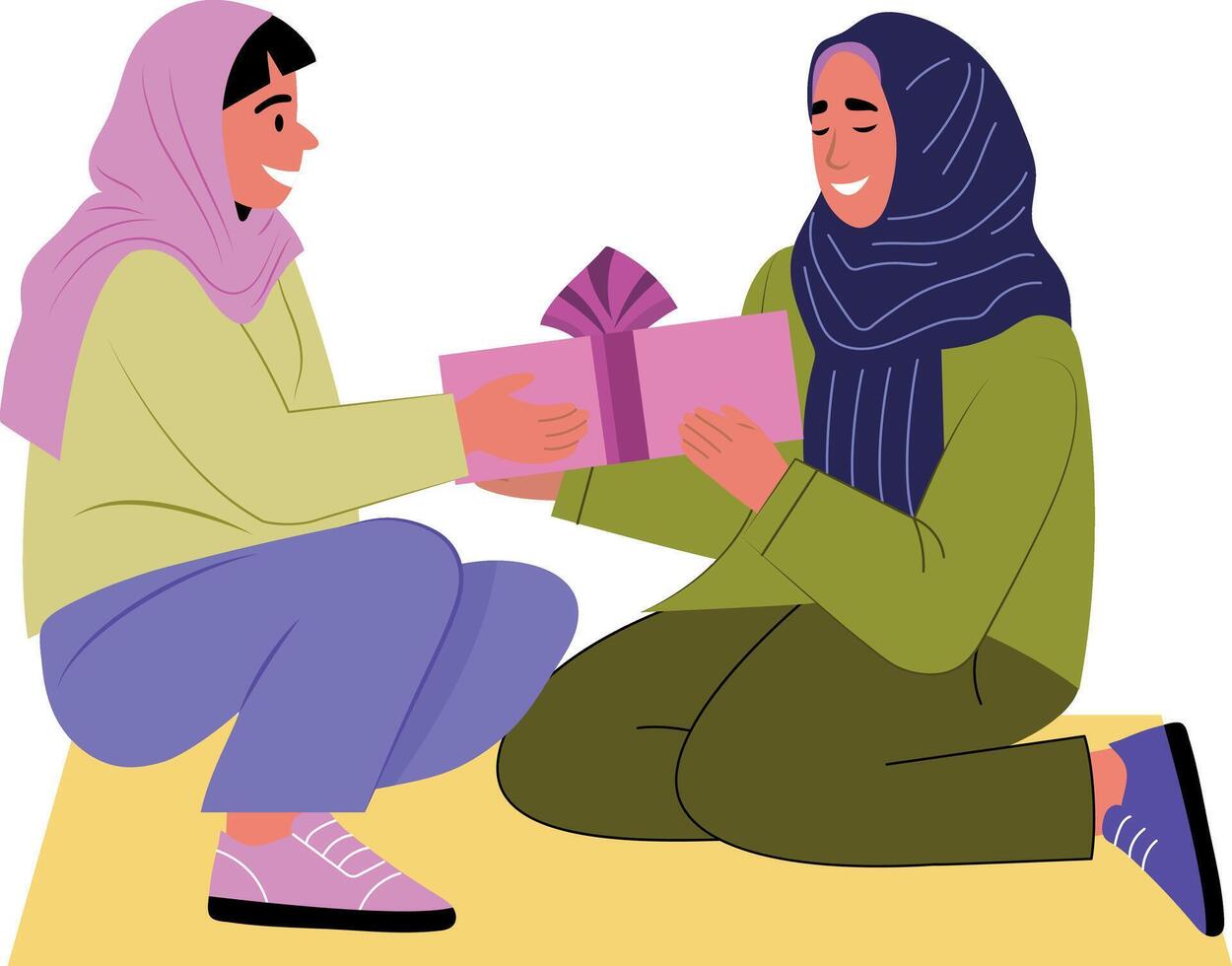 A female character giving gift to her friend, flat illustration vector