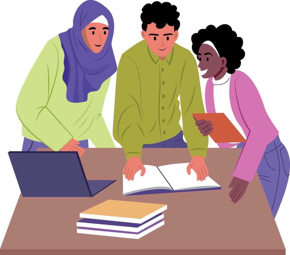 Friends doing group study, flat style illustration vector
