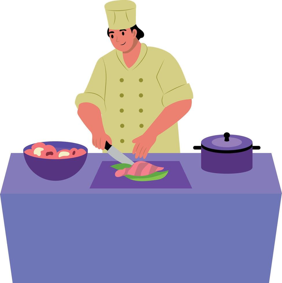An expert chef cooking food in the kitchen, flat illustration vector