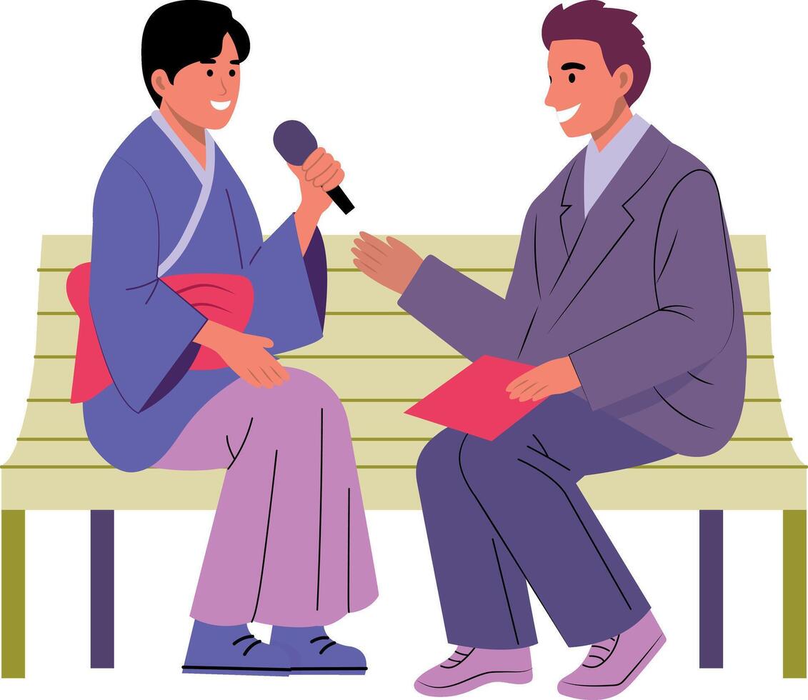 Two characters doing language exchange practice, flat illustration vector