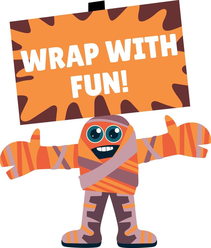 Wrapped mummy holding a sign, flat sticker vector