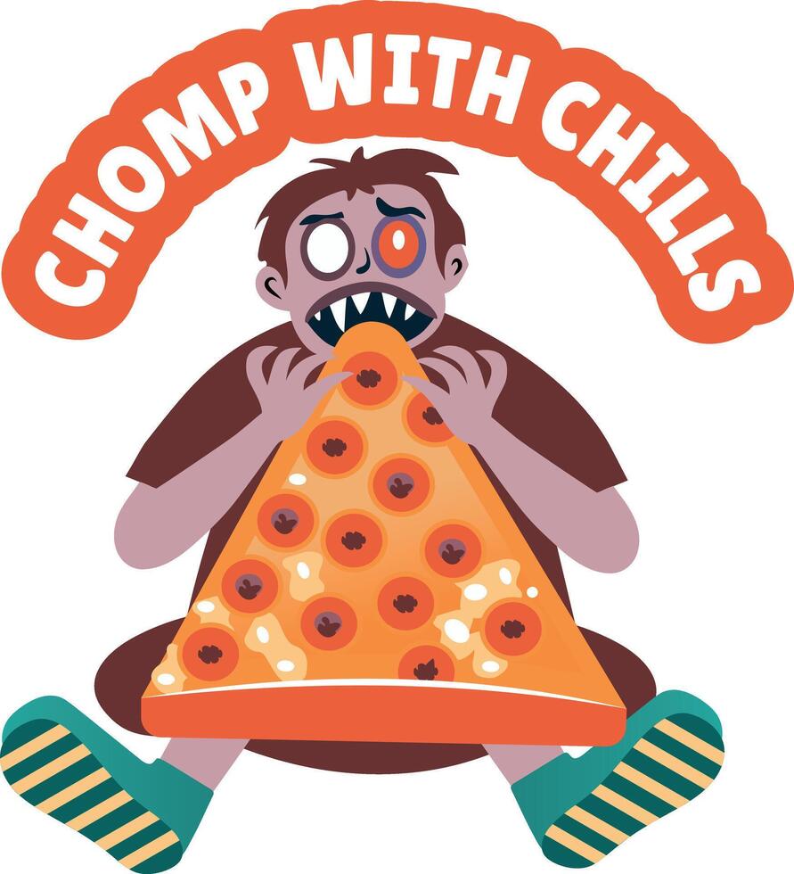 A spooky figure eating pizza, flat sticker vector