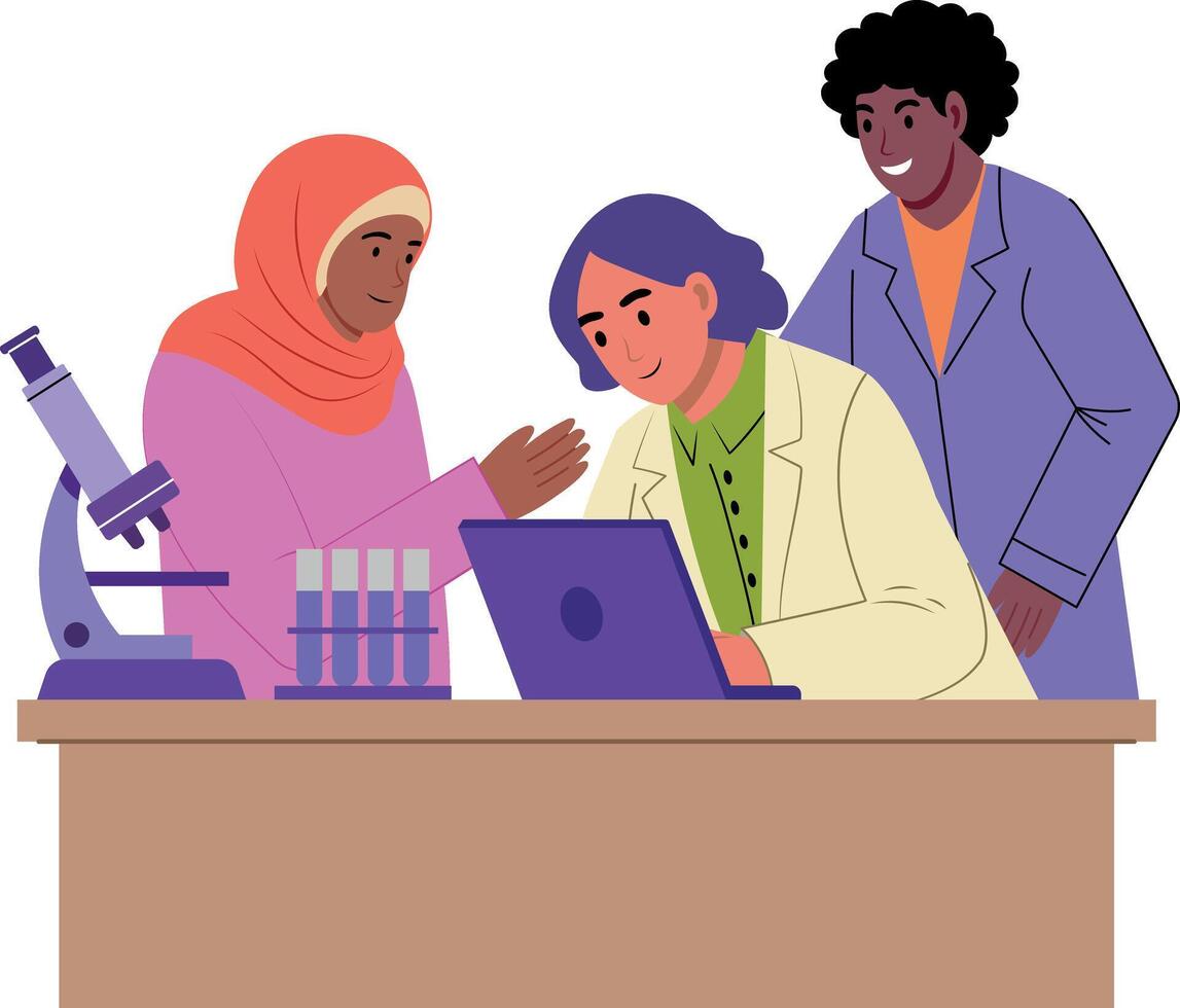 A flat style illustration of lab scientists working together vector