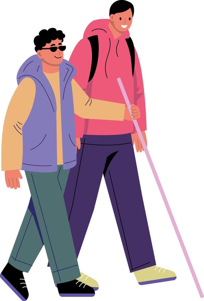 A character helps a blind walking person, flat illustration vector