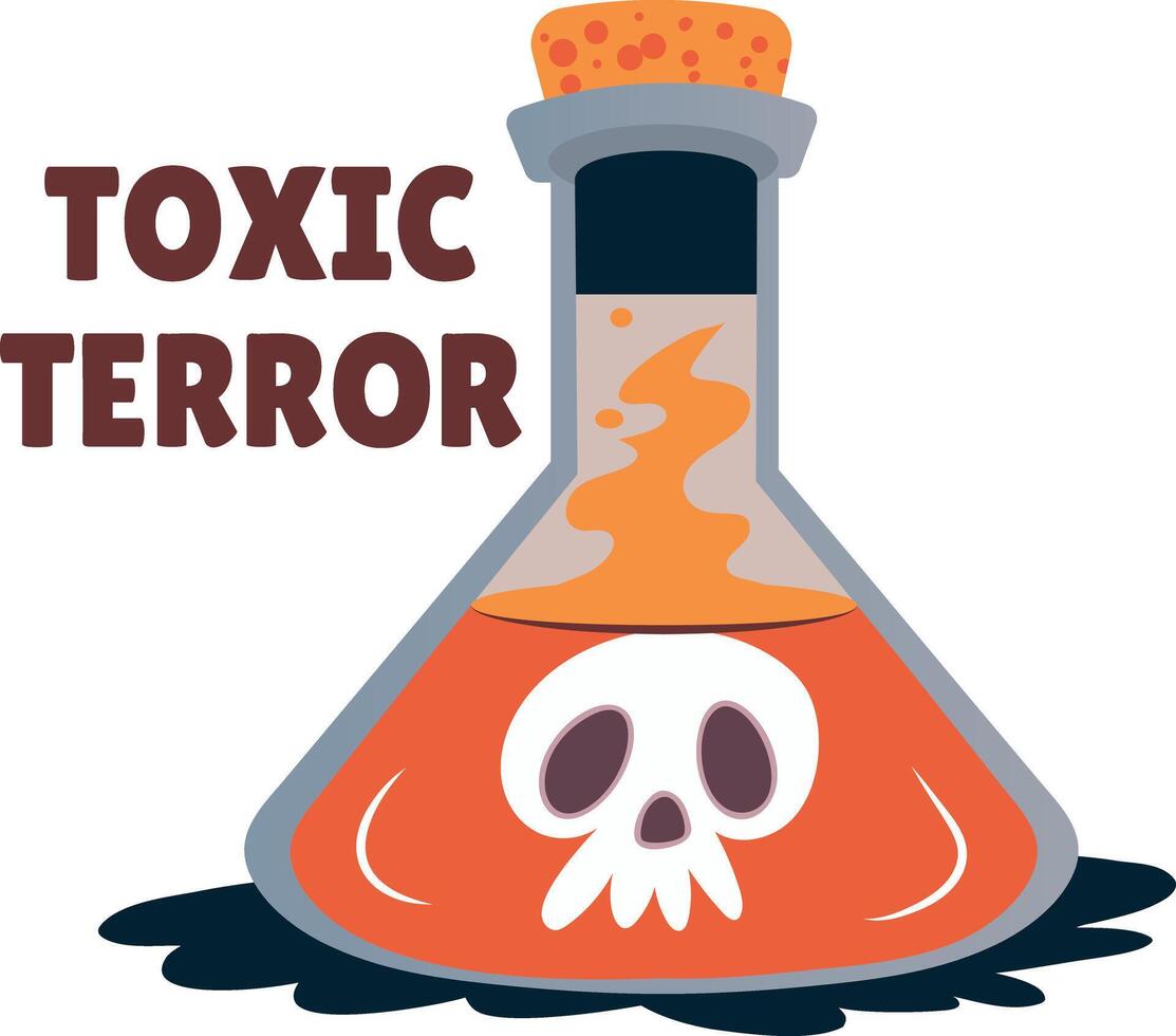 A chemical flask with toxic terror typography, flat sticker vector