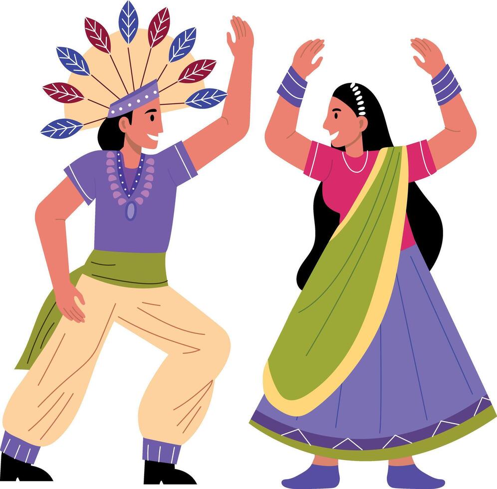 A cute couple performing native dance, flat style illustration vector