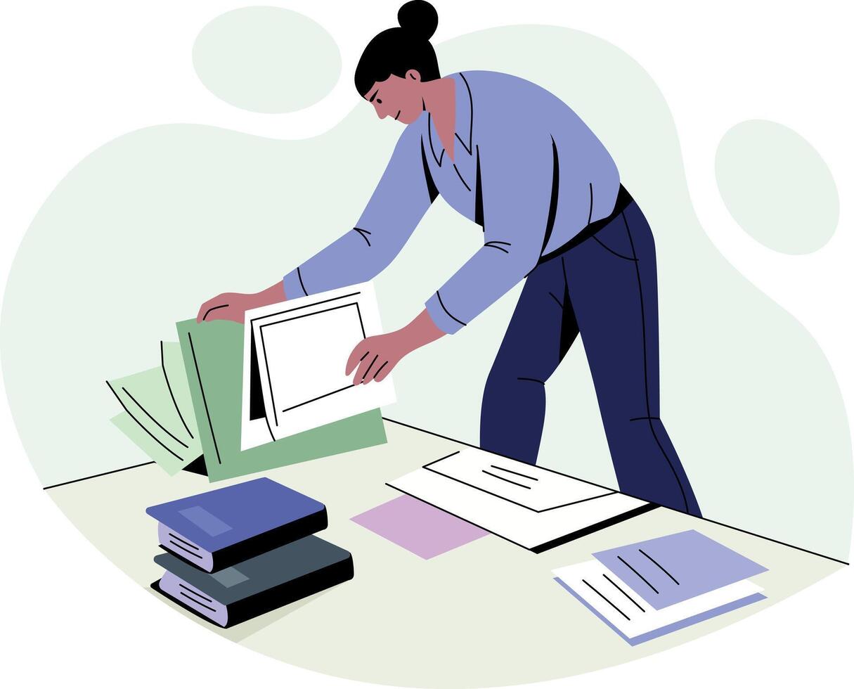 A character searching document in office, flat illustration vector