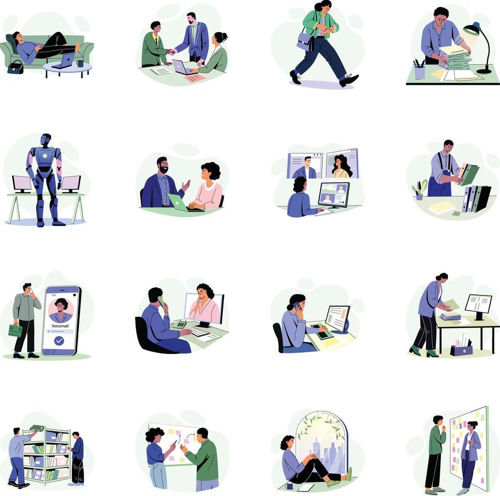 Collection of Office Work Flat Style Illustrations vector