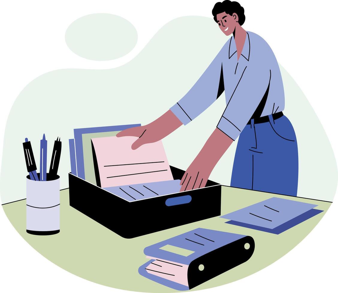 A character organizing desk in office, flat illustration vector