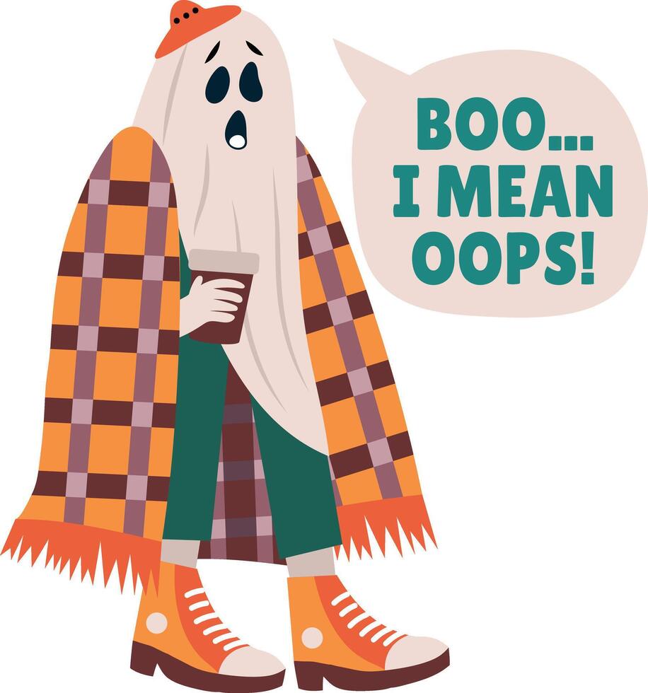A slightly clumsy ghost wrapped in blanket, flat sticker vector