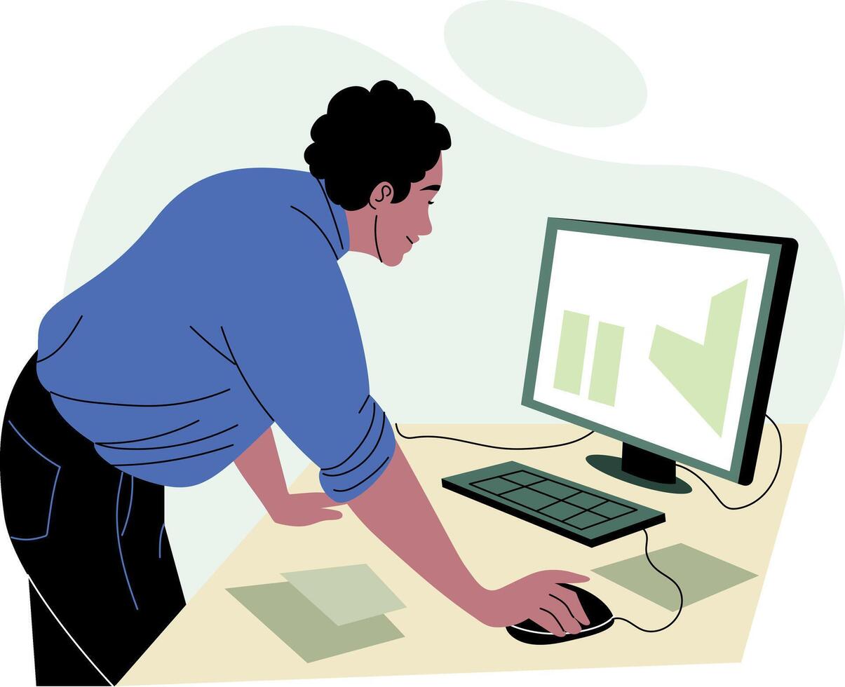 A flat style illustration showing an employee working on a system vector