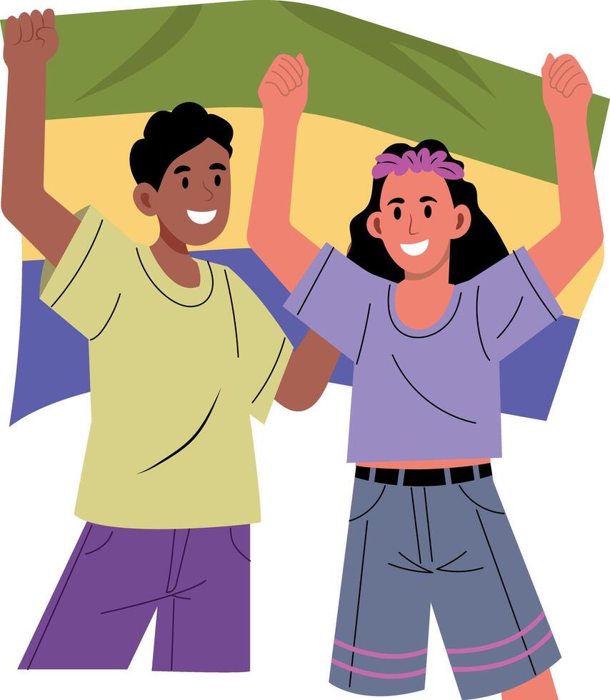 A flat style illustration depicting two characters doing pride protest vector