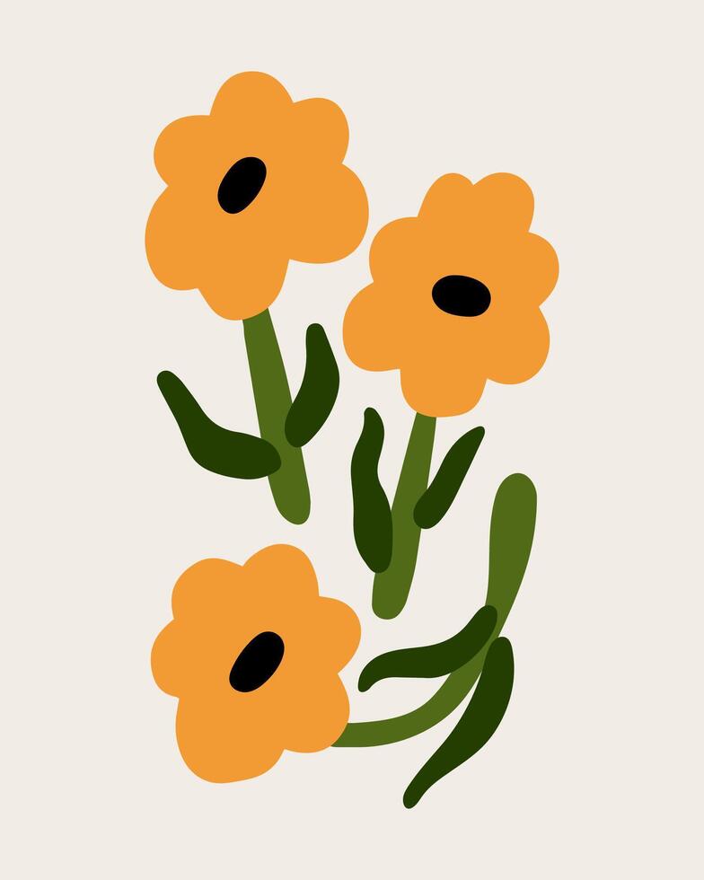 Abstract hand drawn aesthetic flowers illustration. Botanical concept icons, perfect for postcards, wall art, banner, background etc. Cute doodle gerbera daisies vector