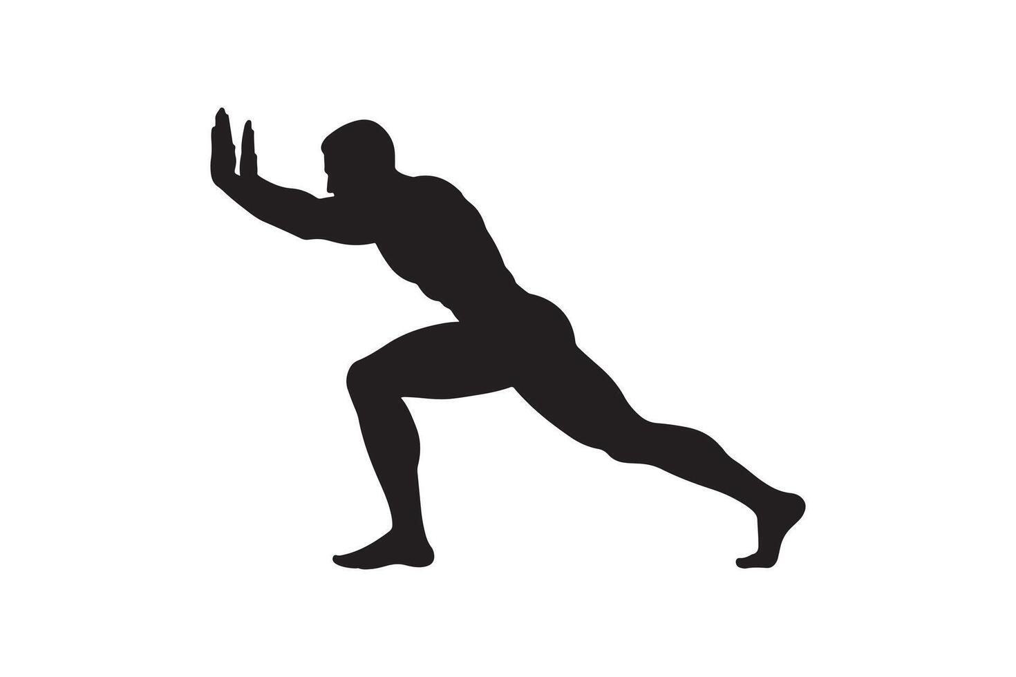 Black Silhouette of Male Fitness Model in Dynamic Stretch Position vector