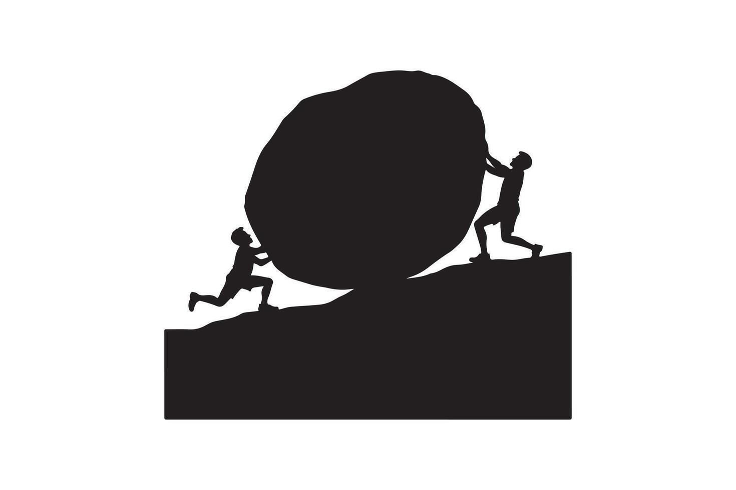 Teamwork Pushing Boulder Uphill Silhouette Illustration vector