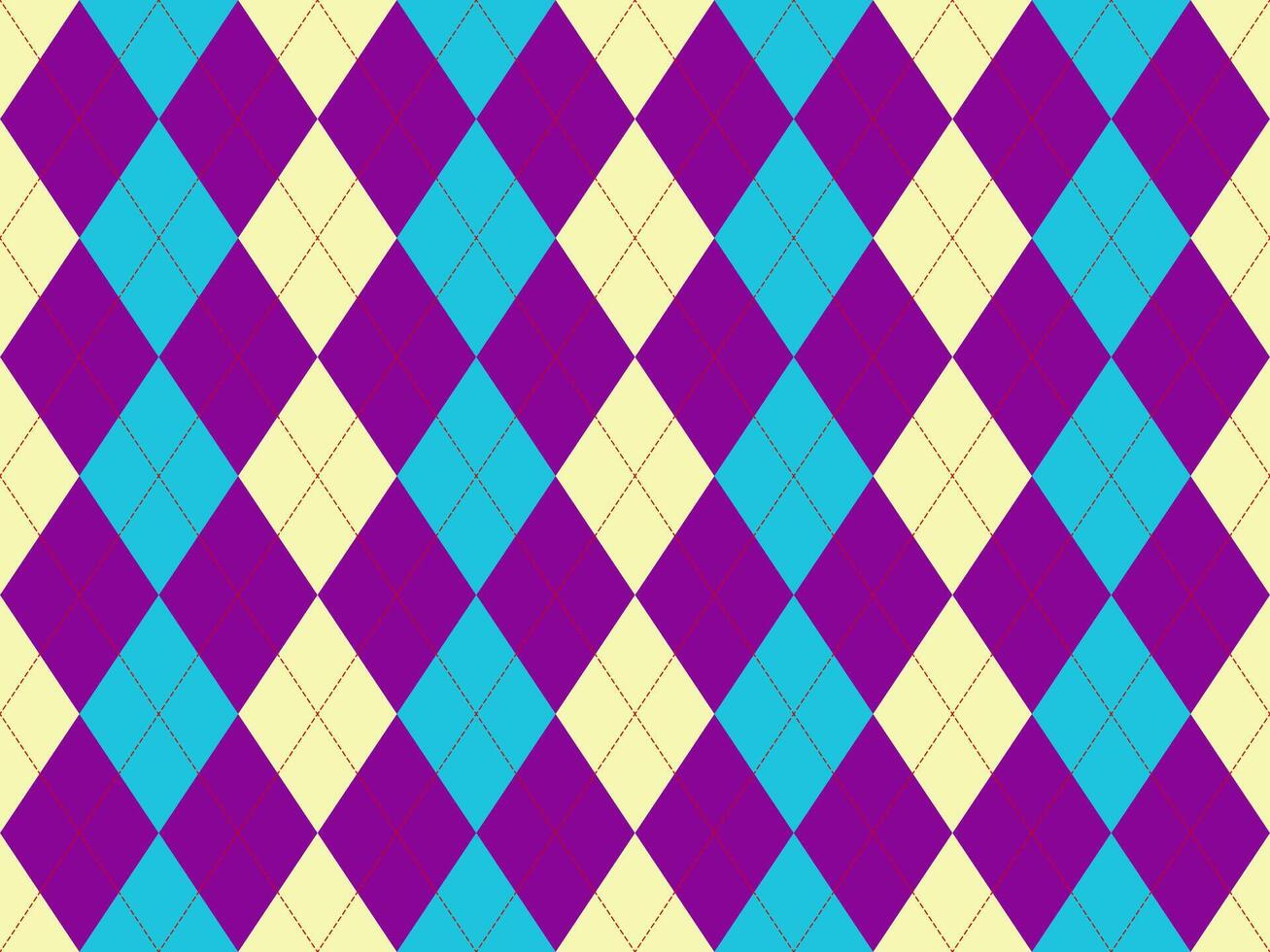 Vibrant argyle pattern in teal, purple, and pale yellow. A bold geometric design perfect for backgrounds, textiles, or fashion projects. vector