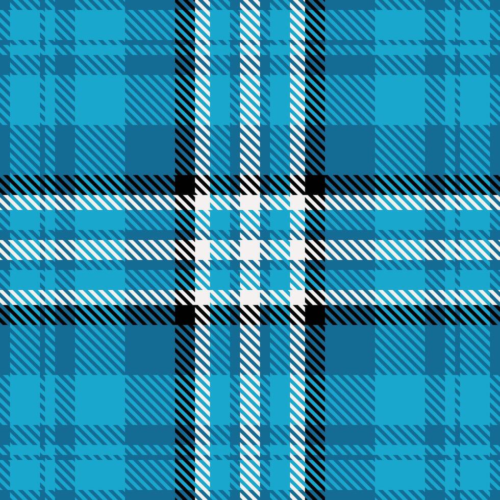 Regular plaid fabric background, seventies check textile . Party pattern tartan seamless texture in cyan and white colors. vector