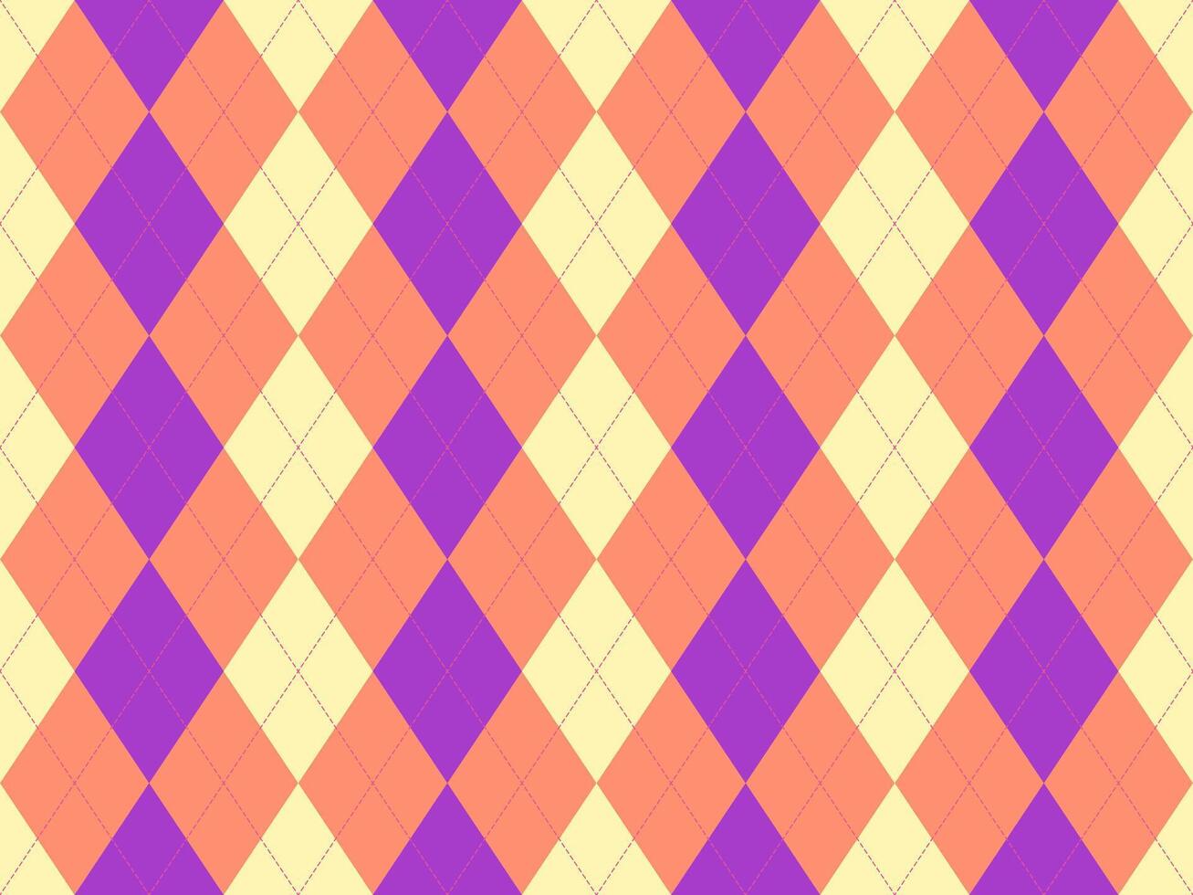 Vibrant argyle pattern in peach, purple, and cream. Perfect for backgrounds, textiles, fashion, and playful designs. This cheerful geometric texture offers a retro, yet modern feel. vector