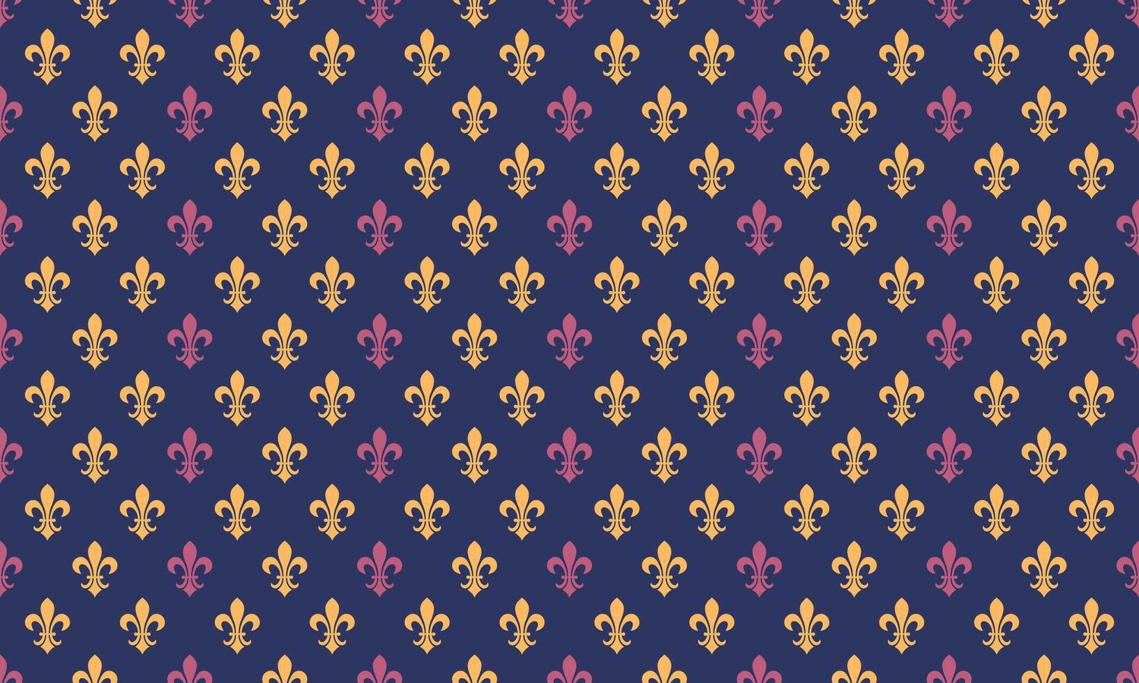 Elegant fleurdelis pattern in gold and purple on a deep blue background. Perfect for regal designs, invitations, or textile prints. This repeating motif evokes luxury, heritage, and sophistication. vector