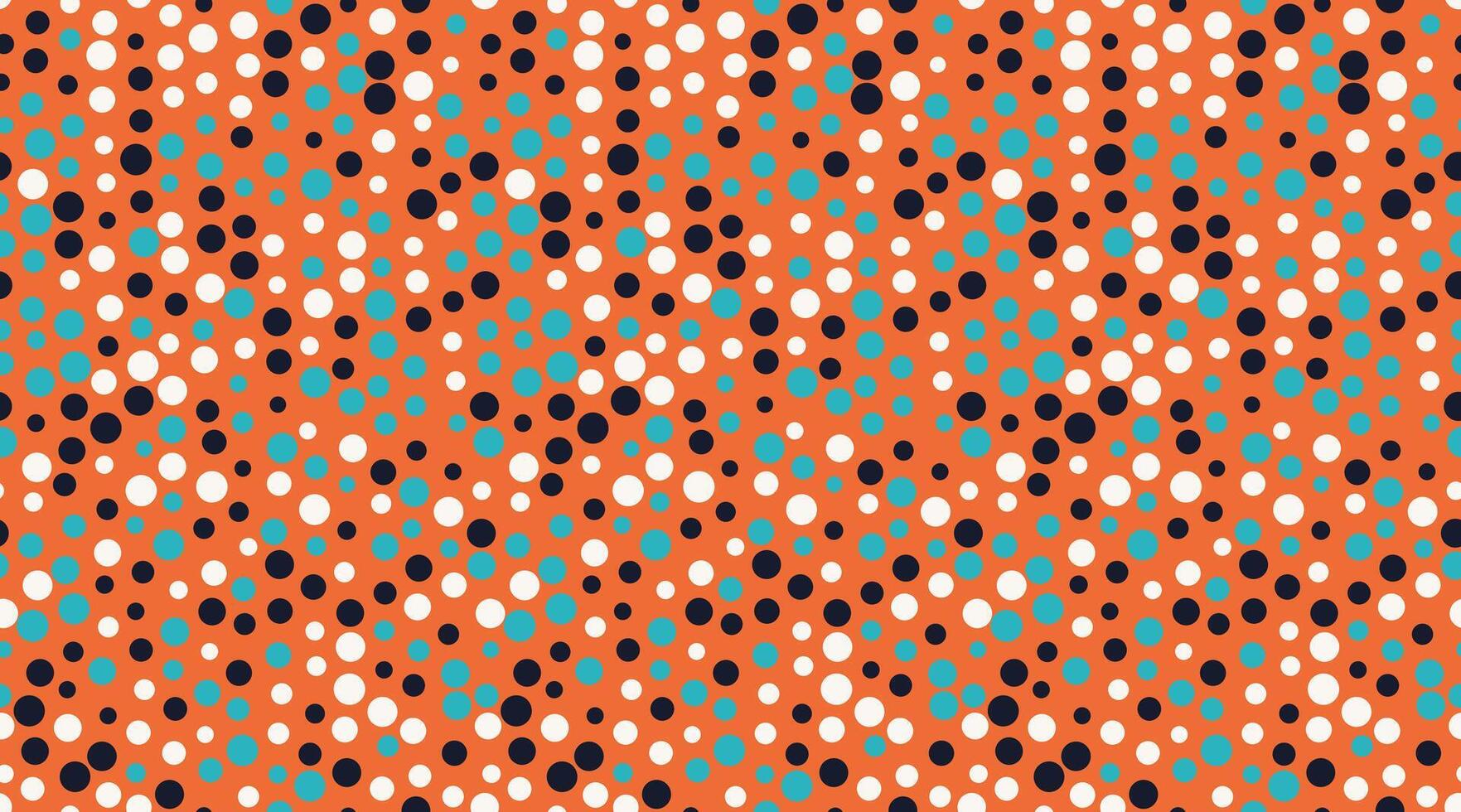Abstract vibrant orange background with a dynamic pattern of white, teal, and black polka dots. Ideal for website banners, textile design, or modern branding. vector