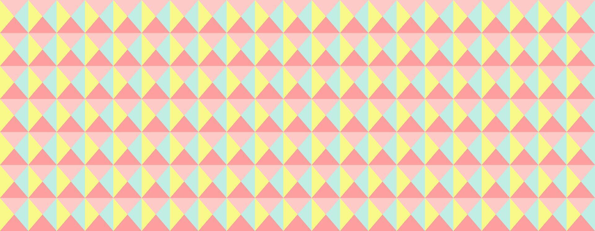 Vibrant pastel geometric pattern featuring interlocking triangles in pink, yellow, and mint green. Ideal for backgrounds, textiles, or website design. vector