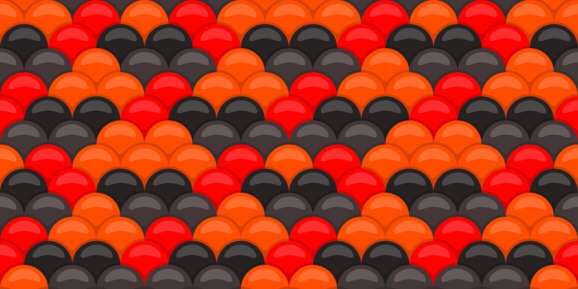Vibrant seamless pattern of overlapping red, orange, and black circles, creating a dynamic scales or fishlike design. vector