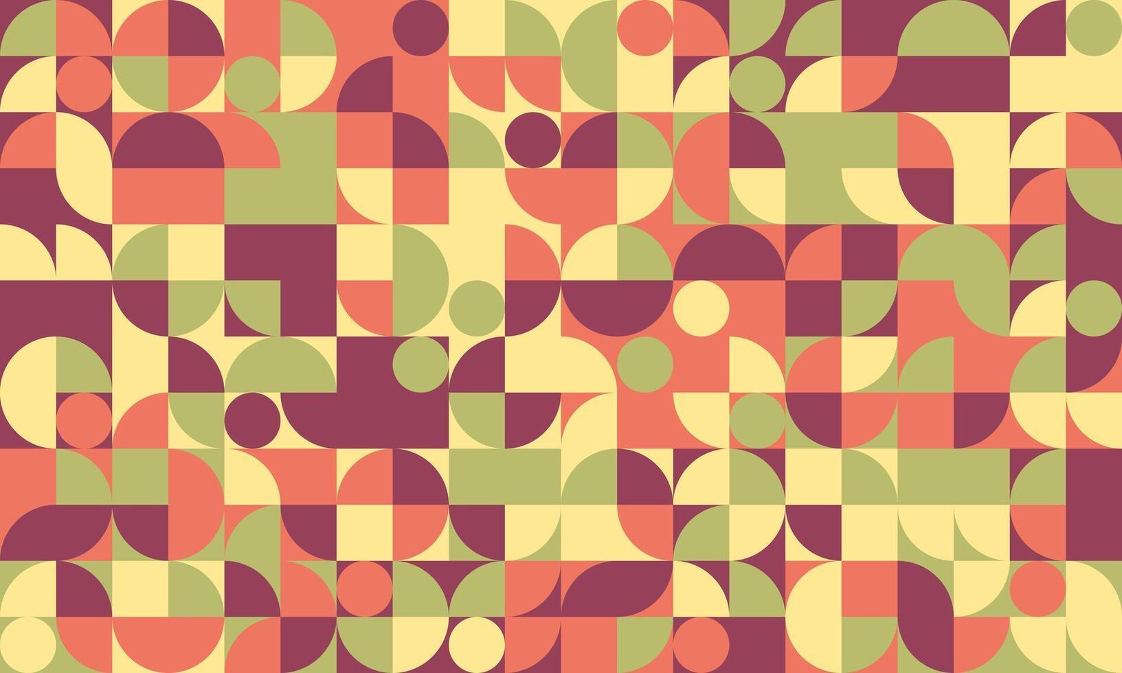 Vibrant geometric pattern featuring circles, squares, and semicircles in muted autumnal tones. Perfect for backgrounds, textiles, and modern design projects. vector