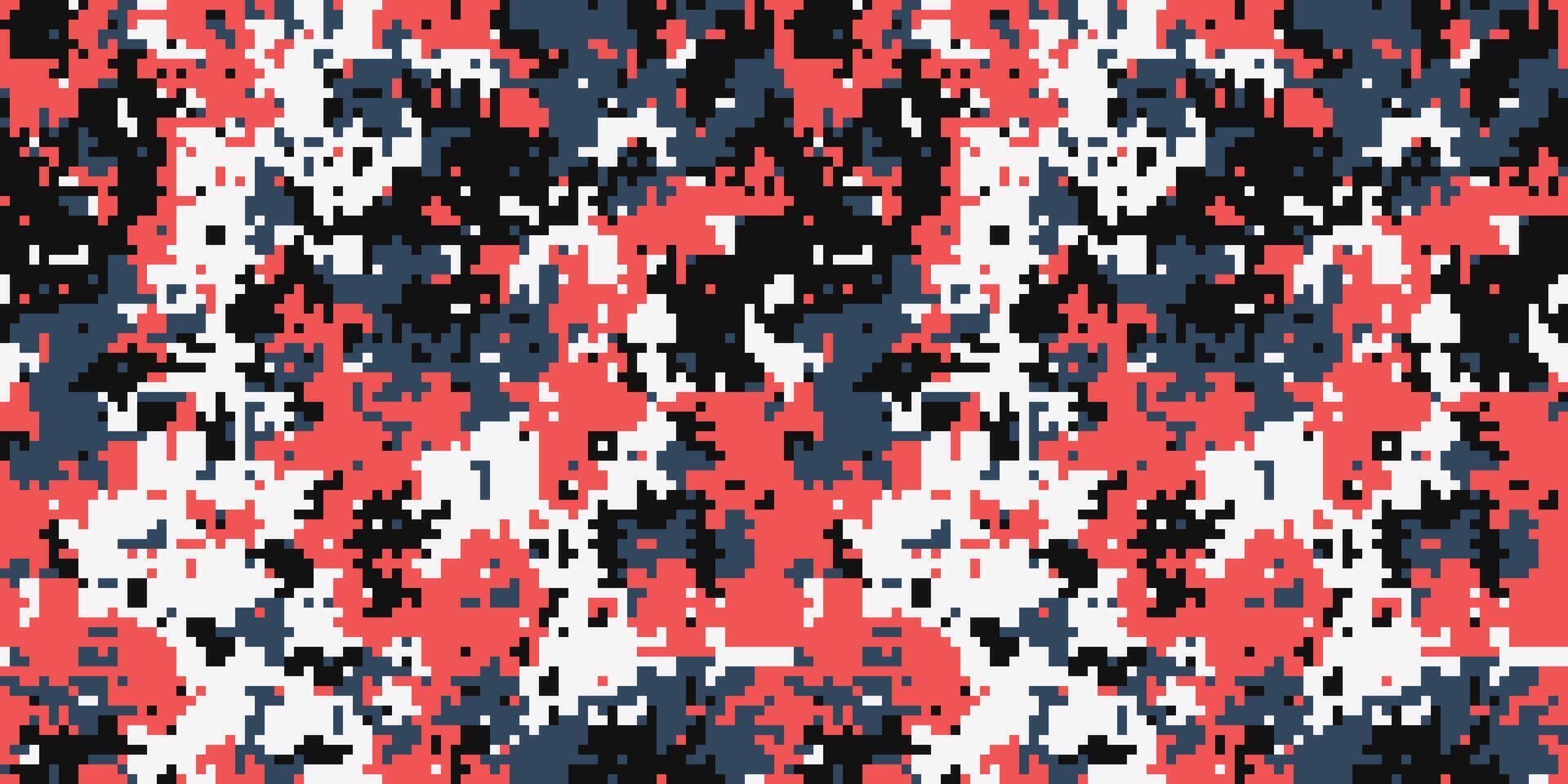 Abstract digital camouflage pattern in coral, black, and grey. Ideal for fashion, textile design, or militarythemed projects. The pixelated texture offers a modern, edgy aesthetic. vector
