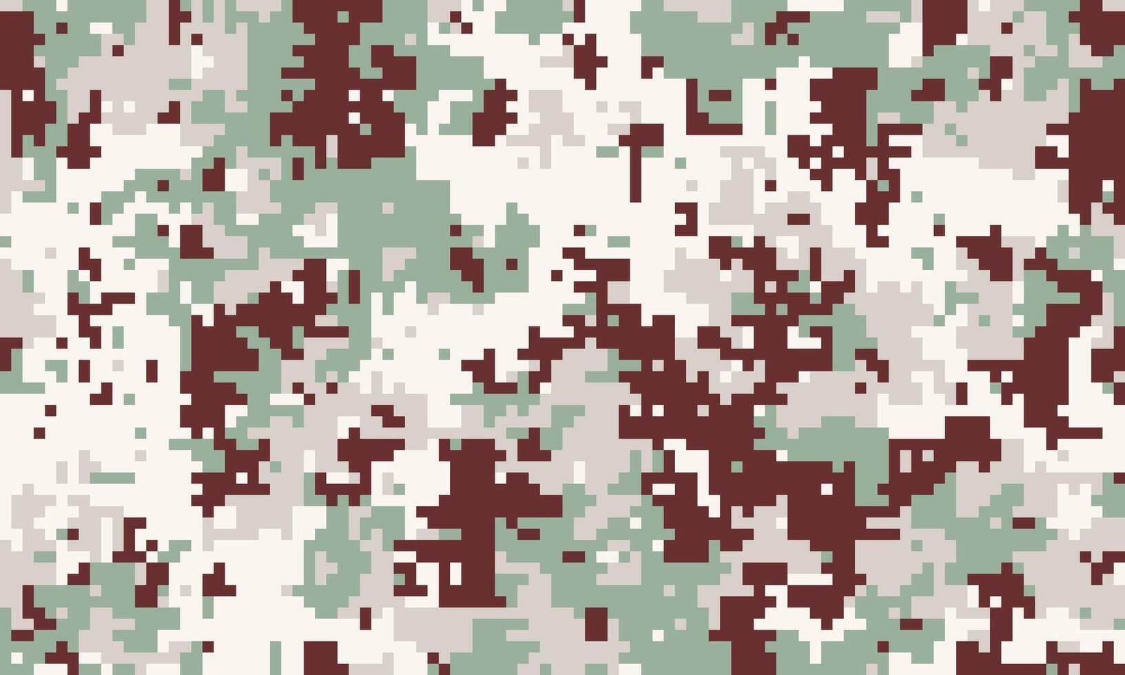 Abstract digital camouflage pattern in muted greens, whites, and maroon. Perfect for backgrounds, textiles, or militarythemed designs. vector