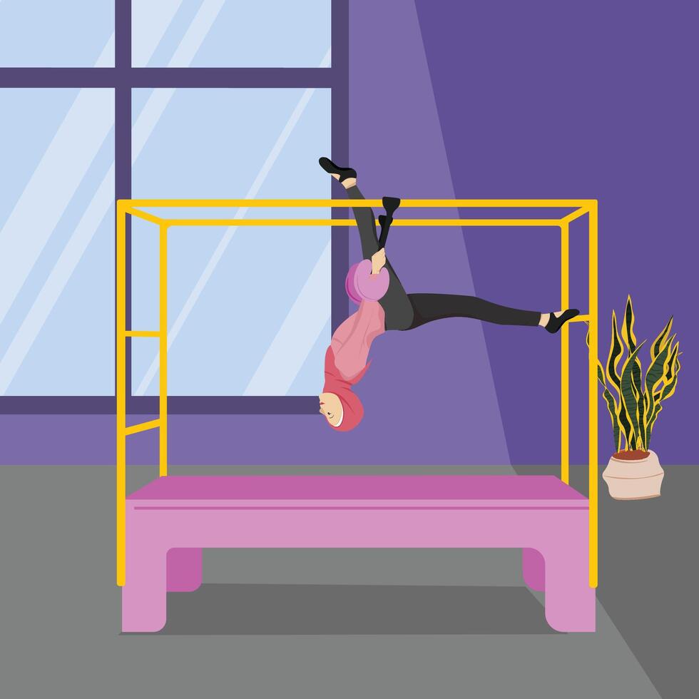 Hijabi Girl Training Core Strength with Cadillac Leg Springs vector