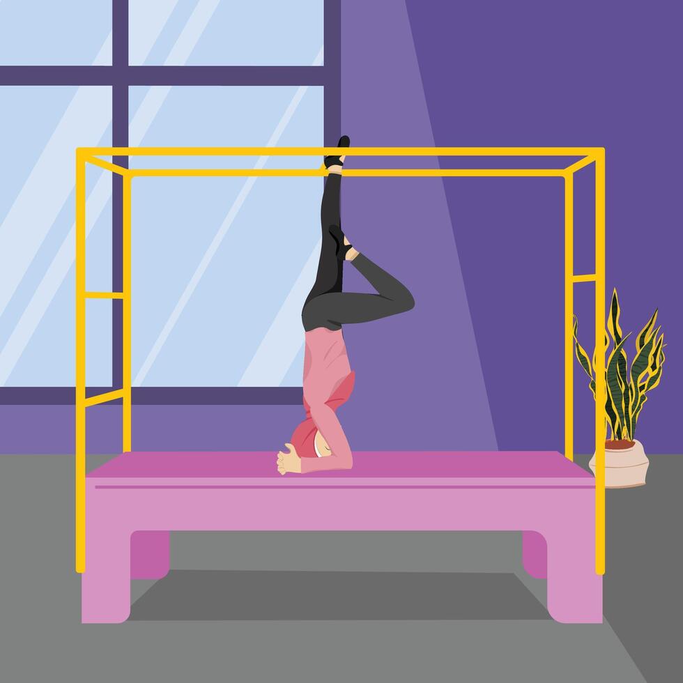 Hijabi Girl Performing Teaser Pose on Cadillac Reformer vector
