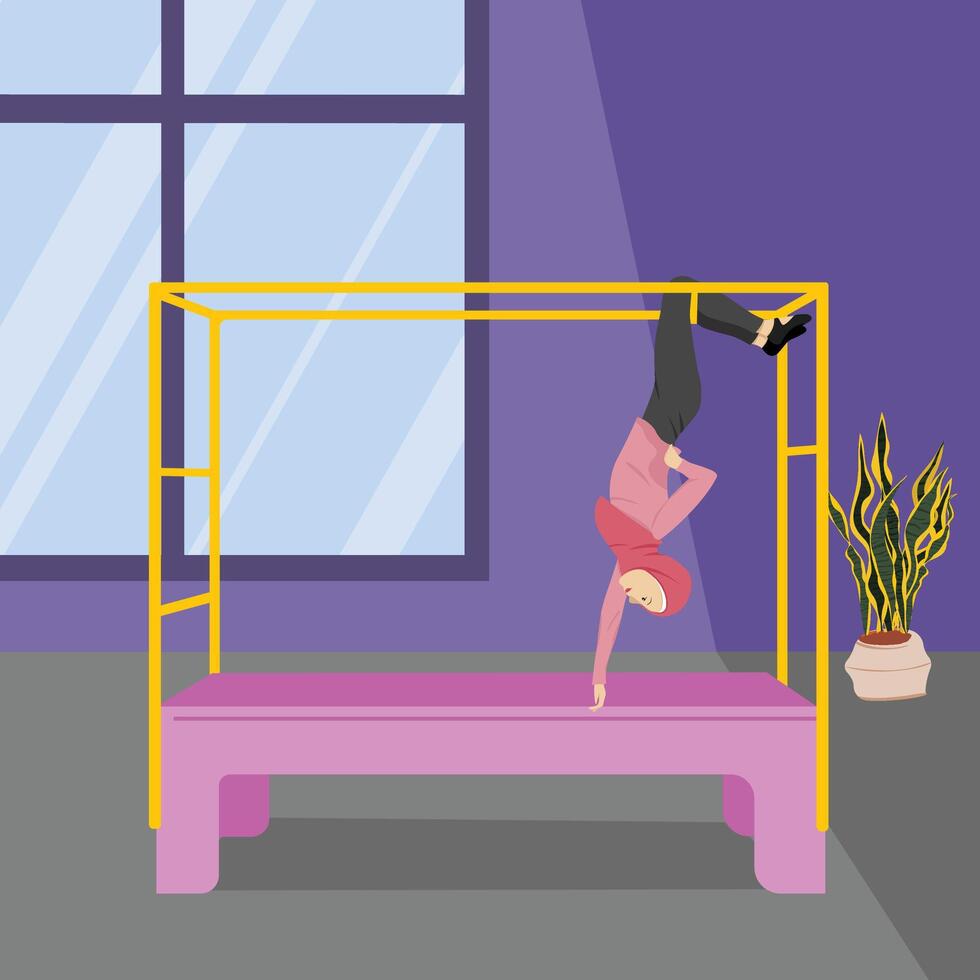 Hijabi Girl in Shoulder Stand Pose on Cadillac Reformer vector