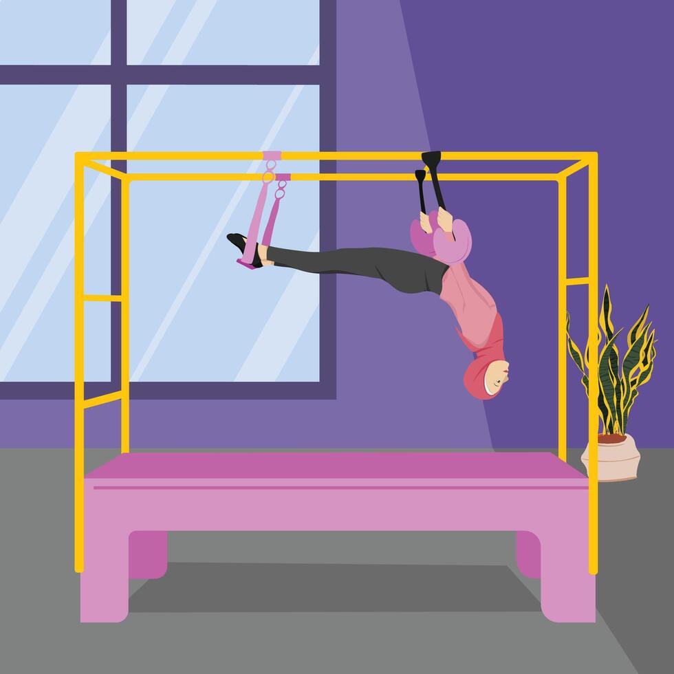 Hijabi Girl Doing Assisted Backbend on Cadillac Pilates Equipment vector