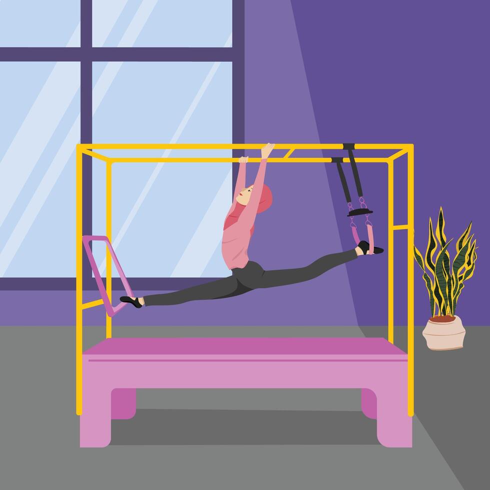Hijabi Pilates Move Airborne Stretch Using Cadillac Reformer vector