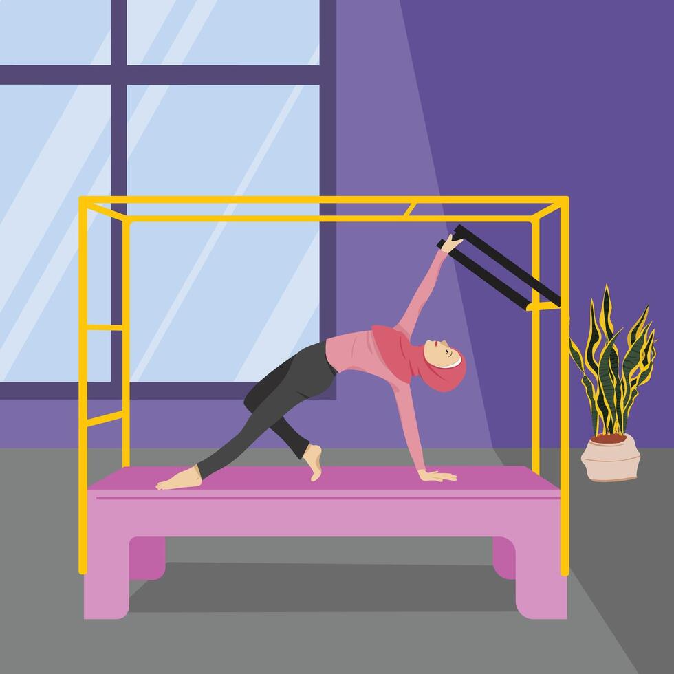 Hijabi Girl Practicing Roll Back Stretch on Cadillac Reformer vector